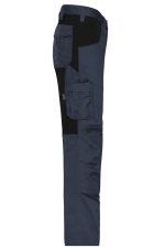 A side view of navy workpants with black accents and multiple pockets, featuring a logo.