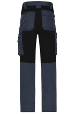 Workwear stretch pants in navy and black featuring multiple pockets and a durable design. Includes a logo.
