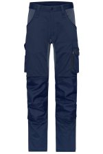 Navy work pants with multiple pockets and a logo, featuring stretch material and a modern design.