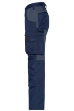 Navy blue work pants featuring multiple pockets and a grey panel design, with branding present.