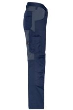Navy work pants featuring grey accents, designed for durability with multiple pockets and a logo.