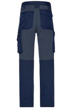 Workwear Stretch-Pants in navy and grey, featuring multiple pockets and a durable design, with a logo on the waistband.