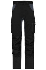 Black work pants with grey accents, featuring multiple pockets and a logo. Suitable for workwear applications.