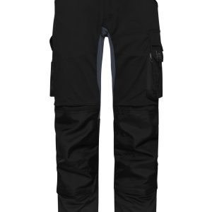 Black work pants with grey accents, featuring multiple pockets and a logo. Suitable for workwear applications.