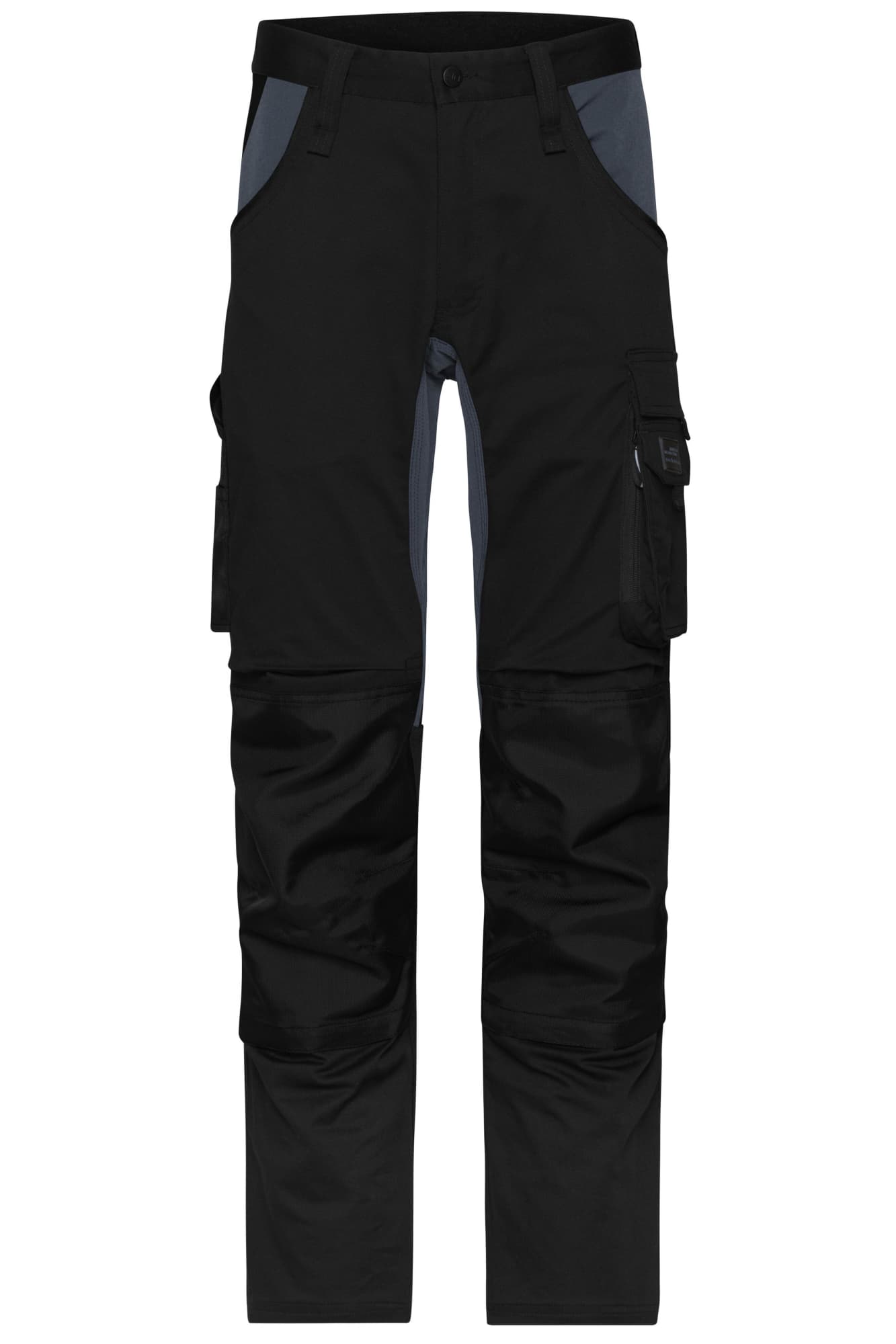 Black work pants with grey accents, featuring multiple pockets and a logo. Suitable for workwear applications. Black work pants with grey accents, featuring multiple pockets and a logo. Suitable for workwear applications.
