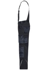 Workwear pants with bib in black, featuring multiple pockets and adjustable straps. Includes a branding logo.