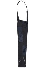 A pair of black workwear pants with bib, featuring multiple pockets and adjustable straps. Brand logo visible.