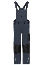 Workwear pants with bib in navy blue and black, featuring adjustable straps and multiple pockets. Includes a branding logo.