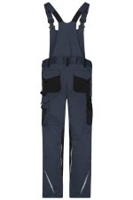 Workwear pants with bib in navy blue, featuring adjustable straps, multiple pockets, and black detailing.
