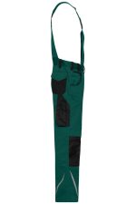 Workwear pants with bib in teal and black, featuring multiple pockets and adjustable straps. Suitable for uniforms and outdoor work.