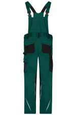 Workwear pants with bib in teal and black, featuring multiple pockets and adjustable straps. Includes a logo.