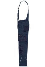 Workwear pants with bib in navy blue, featuring multiple pockets and adjustable straps. Includes a logo.