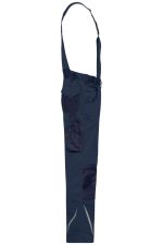 Workwear pants with bib in navy blue, featuring adjustable straps and multiple pockets. Includes a logo.