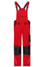 Workwear pants with bib in bright red and black, featuring adjustable straps, pockets, and reinforced knee areas.