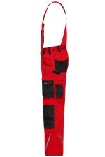 Red workwear pants with bib, featuring multiple pockets and black accents. Includes adjustable straps and reflective detailing.