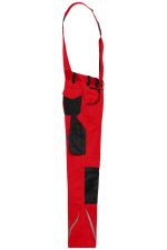 Red workwear pants with black accents, featuring bib and adjustable straps. Includes pockets and reflective details.