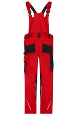 Red workwear pants with bib, featuring black pockets and adjustable straps, suitable for various uniform applications.