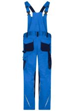 Workwear pants with bib in bright blue, featuring multiple pockets and adjustable straps. Suitable for rugged use.