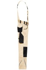 Workwear pants with bib in beige and black, featuring multiple pockets and adjustable straps.