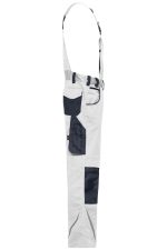 Workwear pants with bib in light grey, featuring navy blue accents and multiple pockets. Includes adjustable straps.