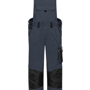 A pair of navy blue workwear pants with bib, featuring black accents and multiple pockets.