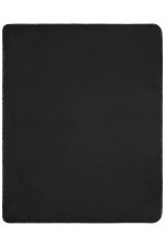 A black fleece blanket with a stitched edge. It features a logo in one corner.