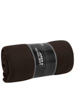 A rolled black fleece blanket with a branded band around it, featuring a sleek design.