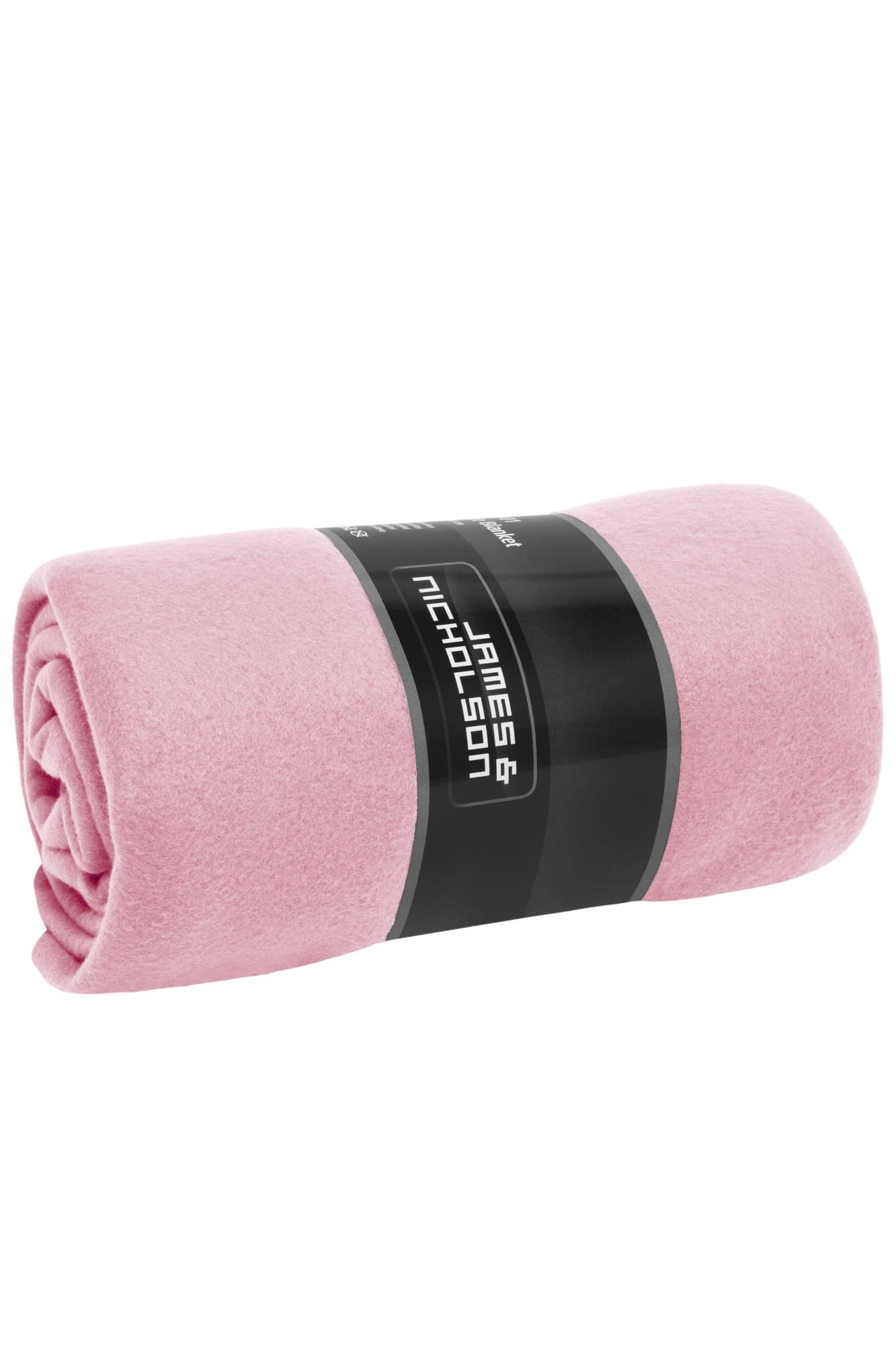 A rolled pink fleece blanket with a black label featuring a logo. A rolled pink fleece blanket with a black label featuring a logo.