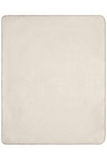 A beige fleece blanket with a smooth texture and a subtle border, featuring a logo in one corner.