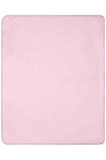 A soft pink fleece blanket with a smooth texture and a rounded edge. It features a logo in one corner.