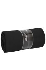 A rolled black fleece blanket with a branded label wrapped around it.