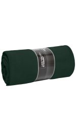 A rolled dark green fleece blanket with a branding label.