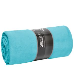 A rolled turquoise fleece blanket with a branding label around it.
