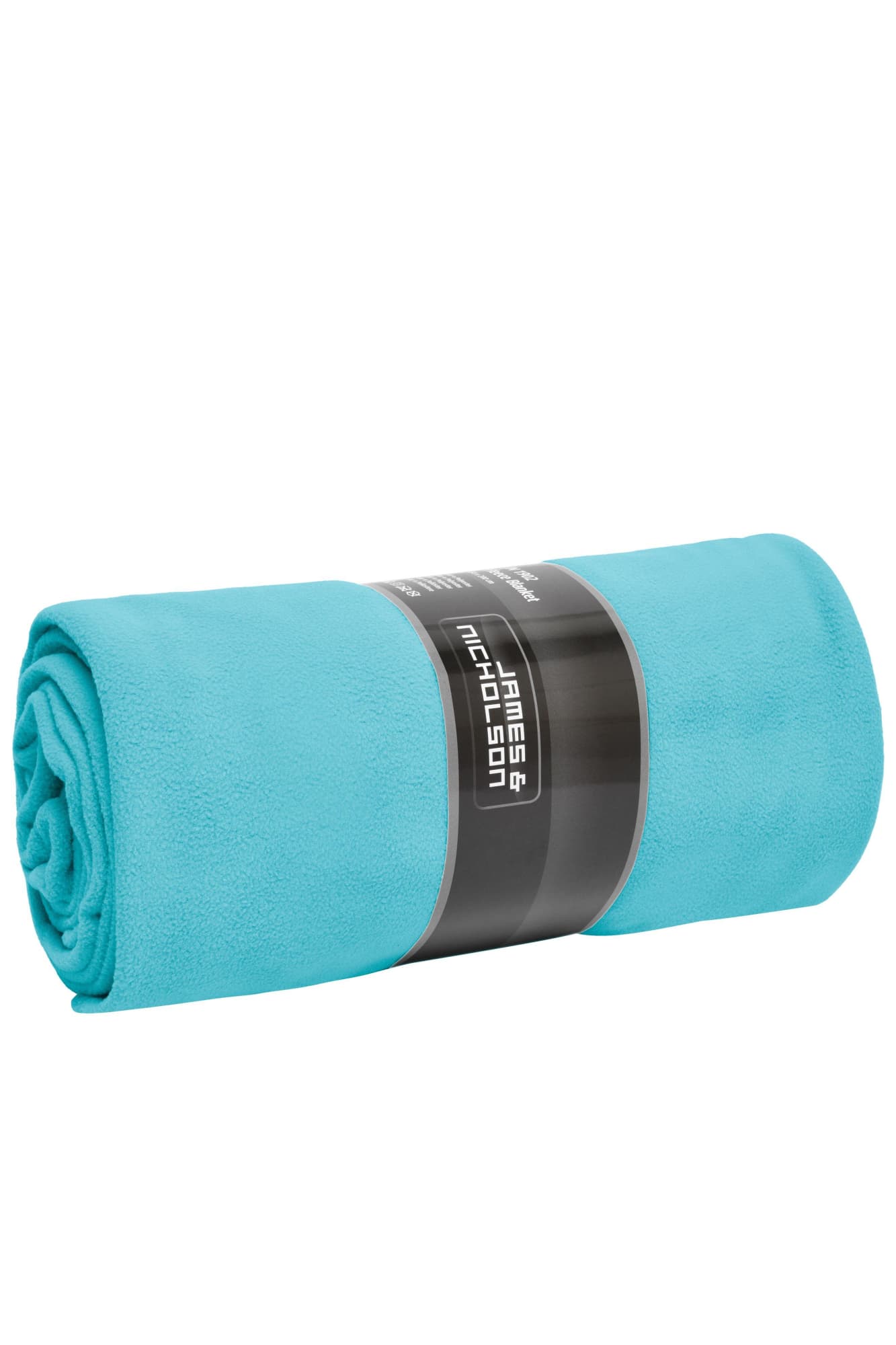 A rolled turquoise fleece blanket with a branding label around it. A rolled turquoise fleece blanket with a branding label around it.