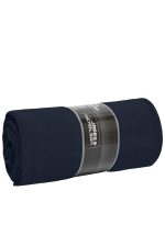 A rolled navy blue fleece blanket with a branded label, featuring a soft and plush texture.