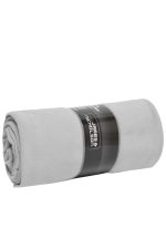 A rolled grey fleece blanket with a black band featuring a logo. Suitable for leisure and outdoor use.