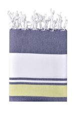 A beach blanket featuring navy blue, white, and lime green stripes with frayed edges. It has a logo.