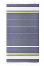 A striped beach blanket featuring shades of navy blue, white, and lime green, with a textured surface and fringe edges.