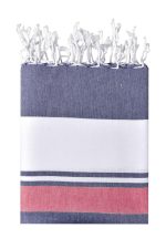 A striped beach blanket featuring navy blue, white, and red colours, with a fringed edge. It has a logo.