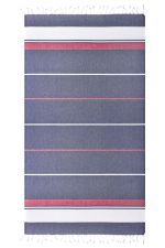 A striped beach blanket in navy blue and pink, featuring tassels along the edges and a logo in one corner.