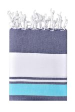 A striped beach blanket in navy blue, white, and turquoise, featuring decorative fringes along the edge and a logo.