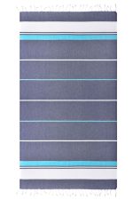 A striped beach blanket in navy blue, light blue, and white, featuring tassels along the edges. It has a logo.