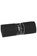 A rolled black picnic blanket with a label featuring a logo, neatly packaged for display.