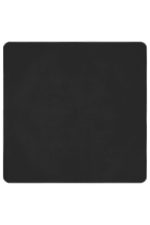 A black picnic blanket with a smooth texture and rounded corners, featuring a logo.