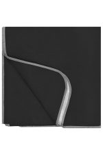 A black picnic blanket with a grey trim, folded neatly to display its layered design.