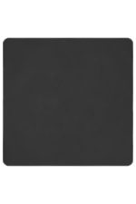 A dark grey picnic blanket with a smooth surface and rounded corners, featuring a logo on one side.