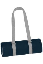 A rolled navy picnic blanket secured with grey straps, featuring a logo on the fabric.