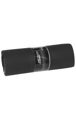 A rolled black picnic blanket with a branded label, showcasing a neat and compact design.