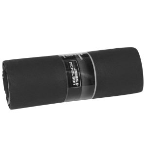 A rolled black picnic blanket with a branded label, showcasing a neat and compact design.