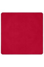 A red picnic blanket XL with a smooth texture and a bordered edge, featuring a logo in one corner.